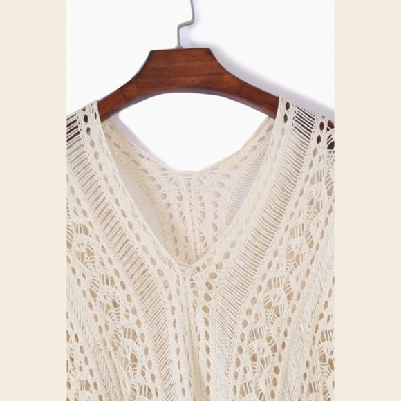 Beige Crochet Knit Beach Swim Coverup Poncho Tunic - Picture 4 of 8
